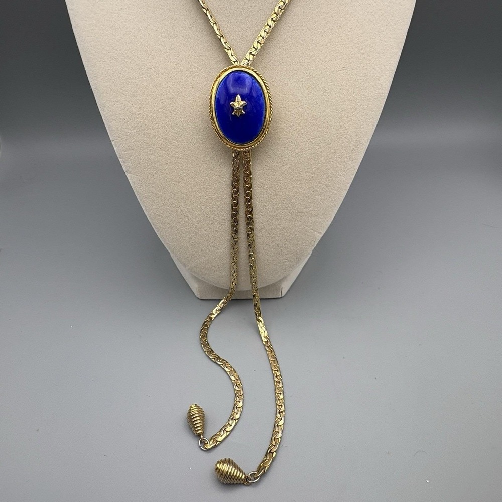 Vintage Goldette Slide Necklace Blue Enamel Goldtone Fleur de Lis READ